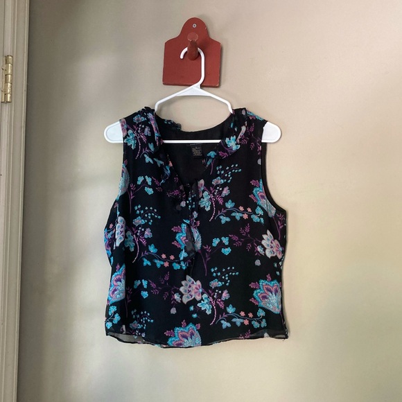 Anne Carson Beautiful Black & Blue Floral 100% Silk Tank Top M - Picture 2 of 7